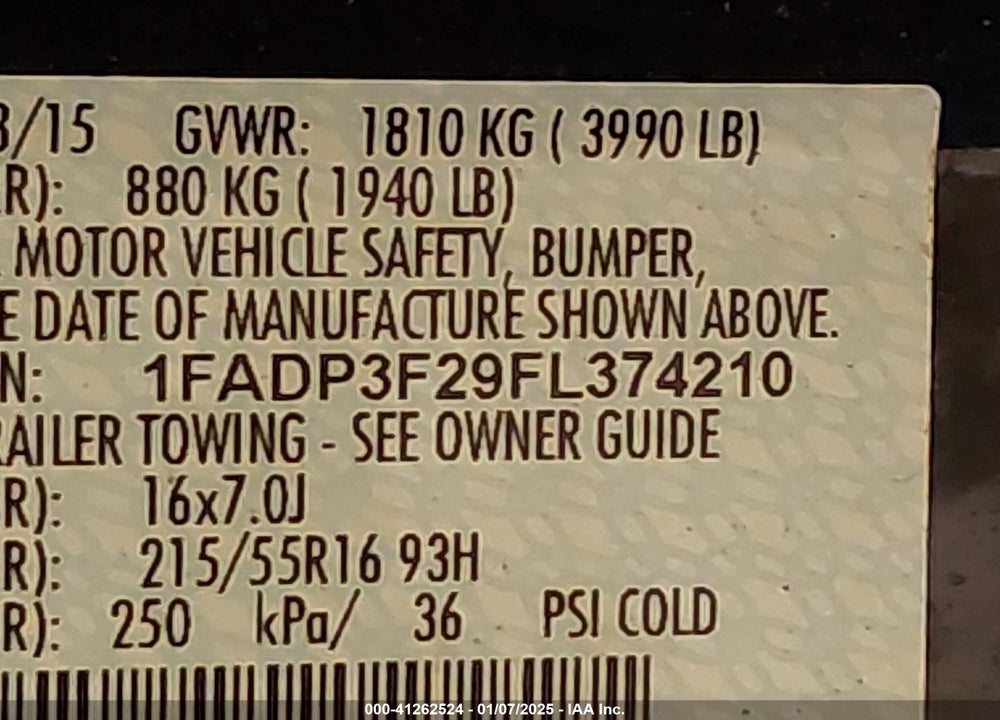 2015 FORD FOCUS VIN: 1FADP3F29FL374210