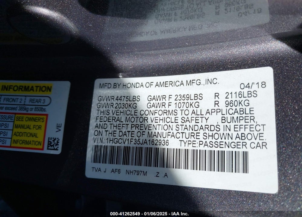 2018 HONDA ACCORD SPORT VIN: 1HGCV1F35JA162936
