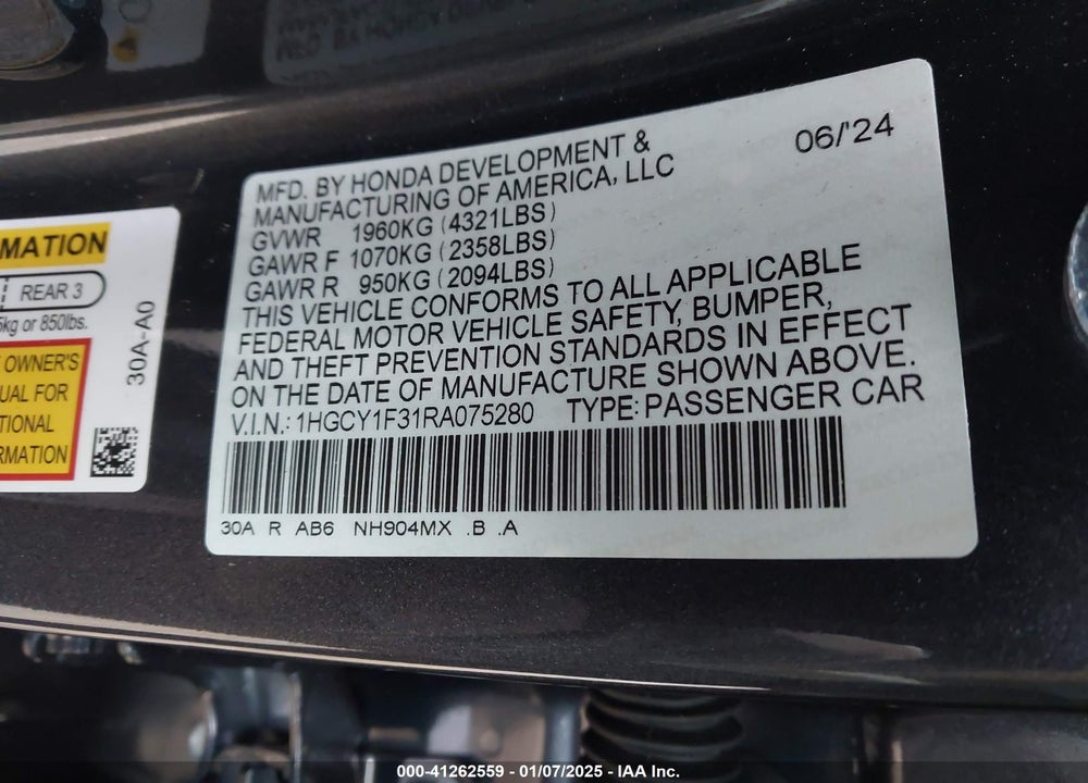 2024 HONDA ACCORD VIN: 1HGCY1F31RA075280