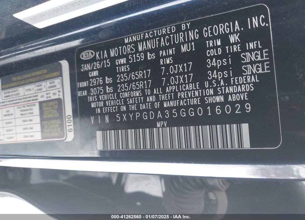 2016 KIA SORENTO 2.4L LX VIN: 5XYPGDA35GG016029