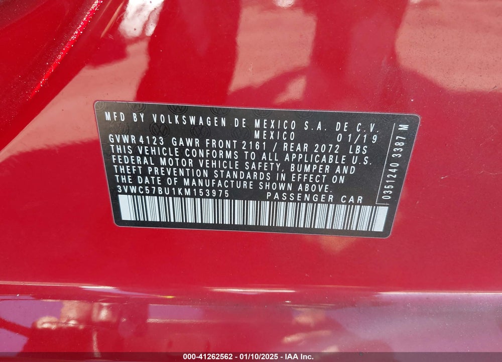 2019 VOLKSWAGEN JETTA VIN: 3VWC57BU1KM153975