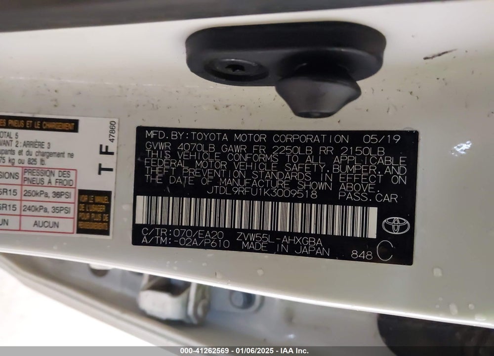 2019 TOYOTA PRIUS VIN: JTDL9RFU1K3009518