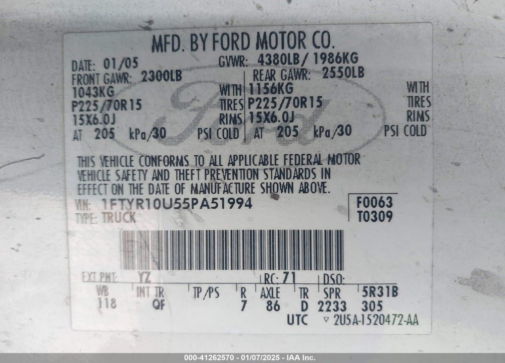2005 FORD RANGER EDGE/STX/XL/XLS/XLT VIN: 1FTYR10U55PA51994