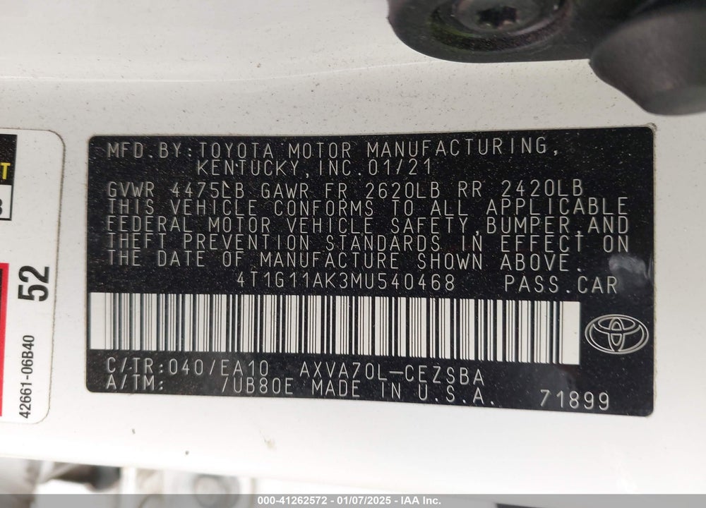 2021 TOYOTA CAMRY VIN: 4T1G11AK3MU540468