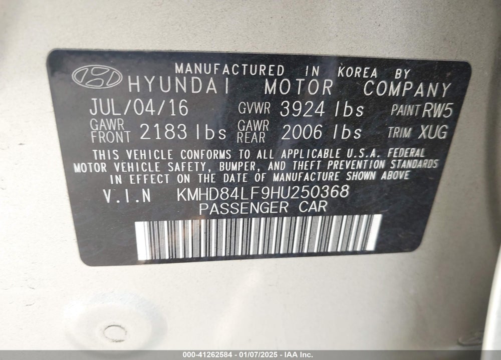 2017 HYUNDAI ELANTRA VIN: KMHD84LF9HU250368