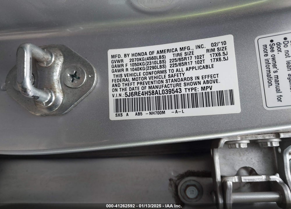 2010 HONDA CR-V EX VIN: 5J6RE4H58AL039543