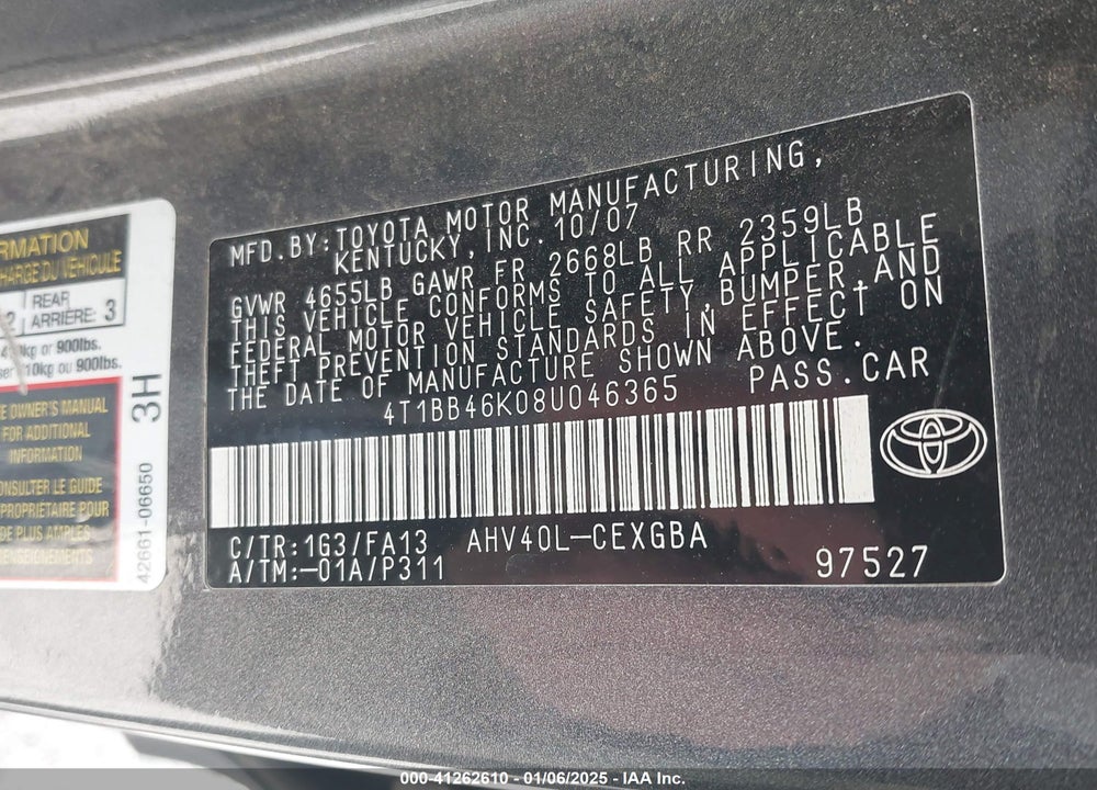 2008 TOYOTA CAMRY HYBRID VIN: 4T1BB46K08U046365