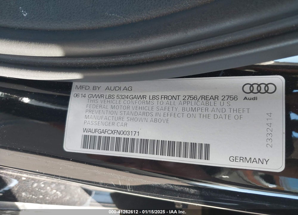 2015 AUDI A6 VIN: WAUFGAFCXFN003171