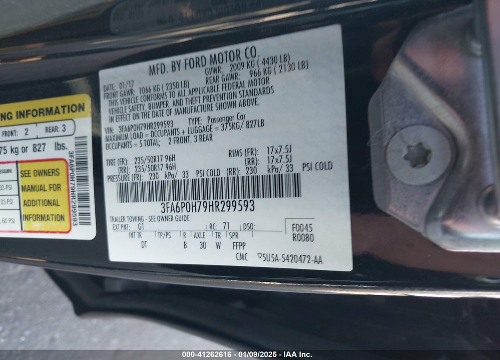 2017 FORD FUSION SE VIN: 3FA6P0H79HR299593