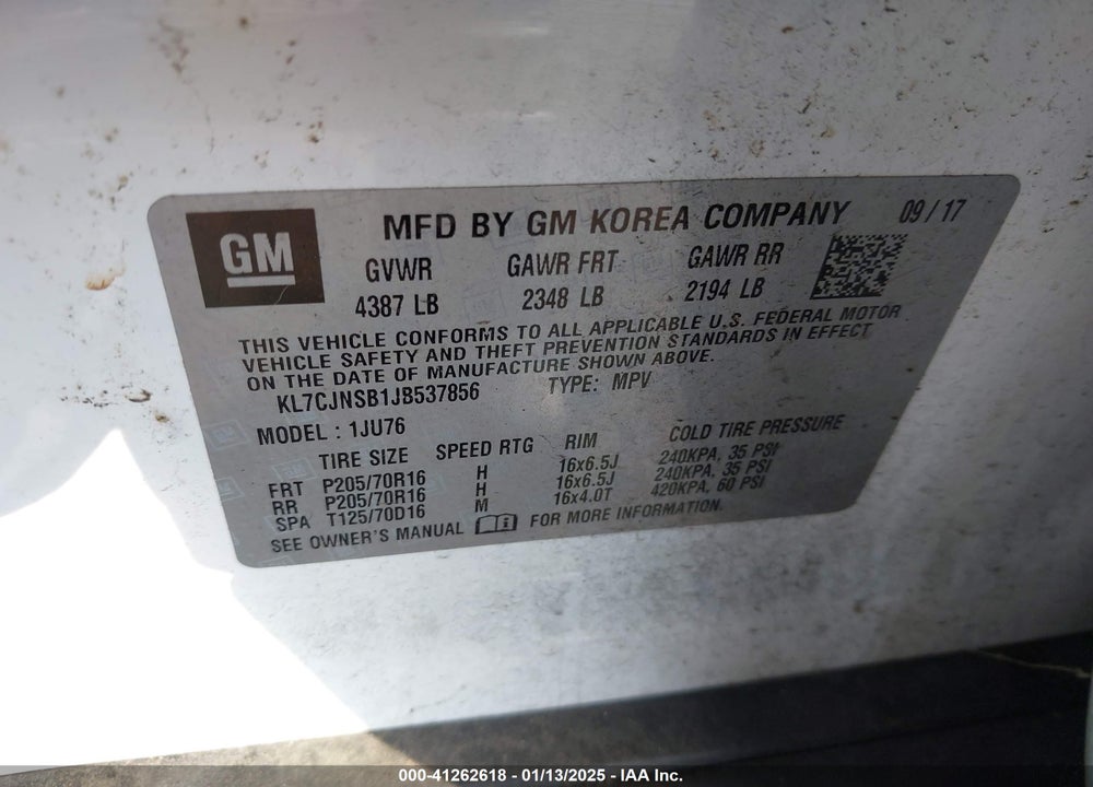 2018 CHEVROLET TRAX LS VIN: KL7CJNSB1JB537856