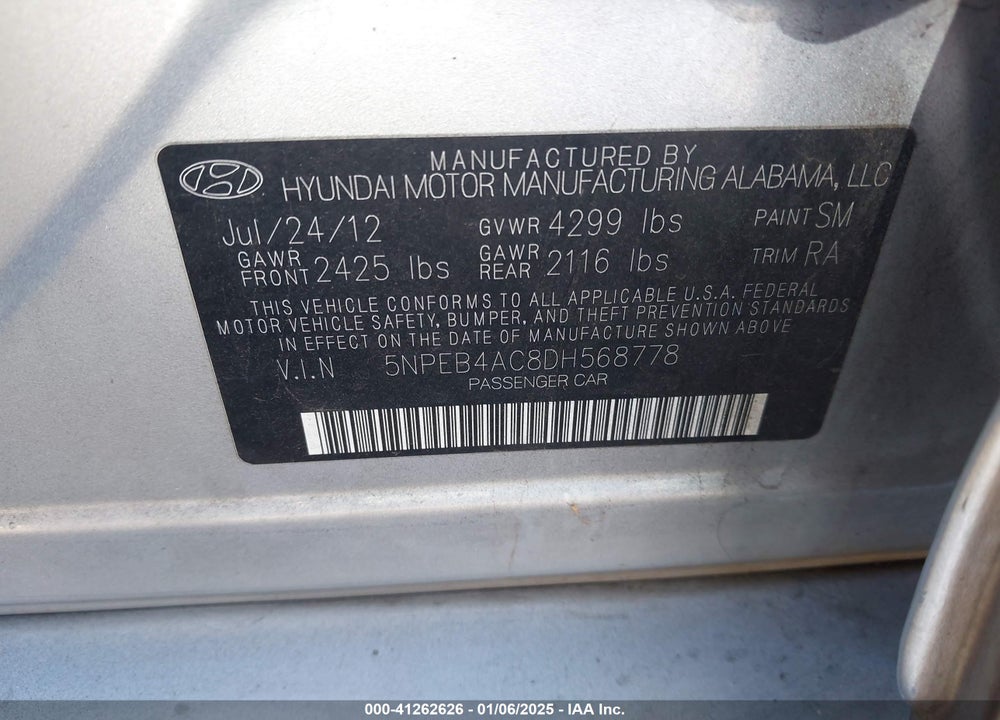 2013 HYUNDAI SONATA VIN: 5NPEB4AC8DH568778