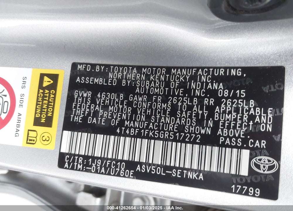 2016 TOYOTA CAMRY LE VIN: 4T4BF1FK5GR517272