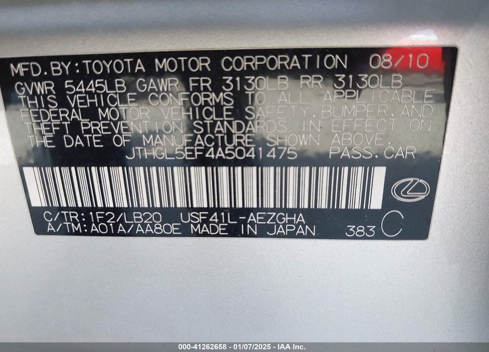2010 LEXUS LS 460 L VIN: JTHGL5EF4A5041475