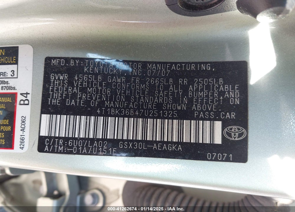 2007 TOYOTA AVALON XLS VIN: 4T1BK36B47U251325