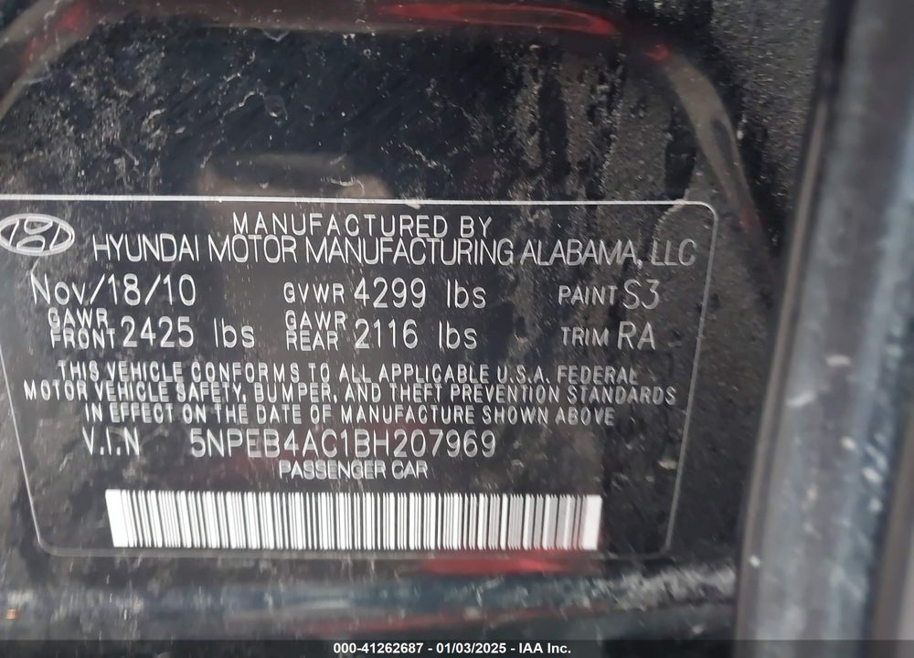 2011 HYUNDAI SONATA GLS VIN: 5NPEB4AC1BH207969