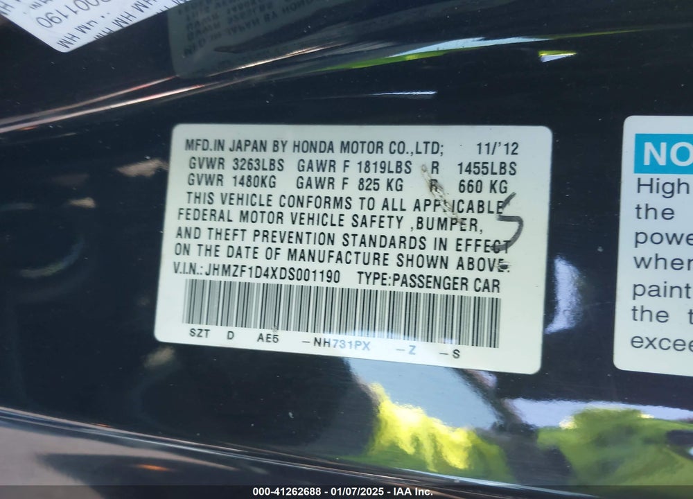 2013 HONDA CR-Z VIN: JHMZF1D4XDS001190