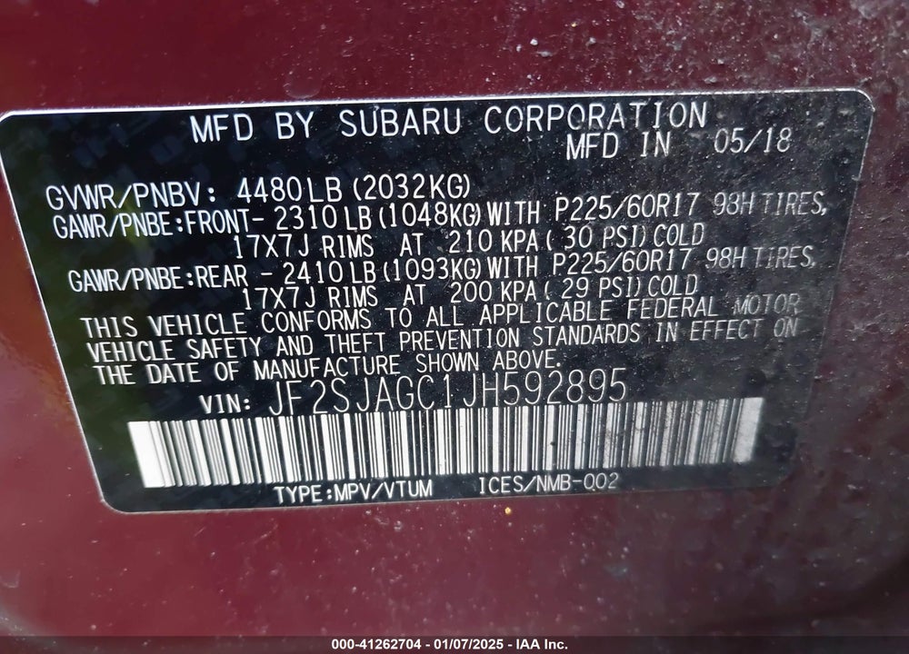 2018 SUBARU FORESTER 2.5I PREMIUM VIN: JF2SJAGC1JH592895