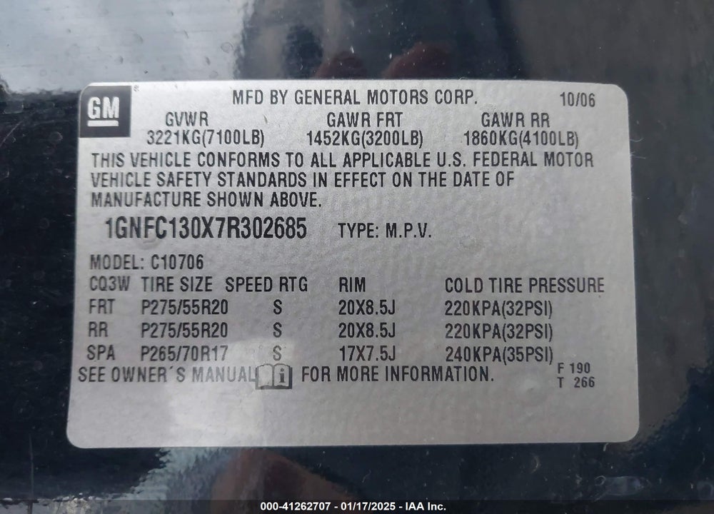 2007 CHEVROLET TAHOE LT VIN: 1GNFC130X7R302685