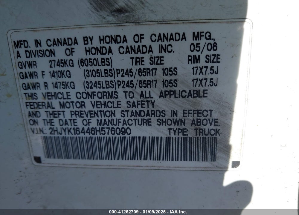 2006 HONDA RIDGELINE RTS VIN: 2HJYK16446H576090