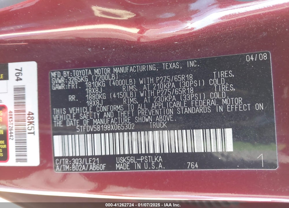 2008 TOYOTA TUNDRA LIMITED 5.7L V8 VIN: 5TFDV58198X065302
