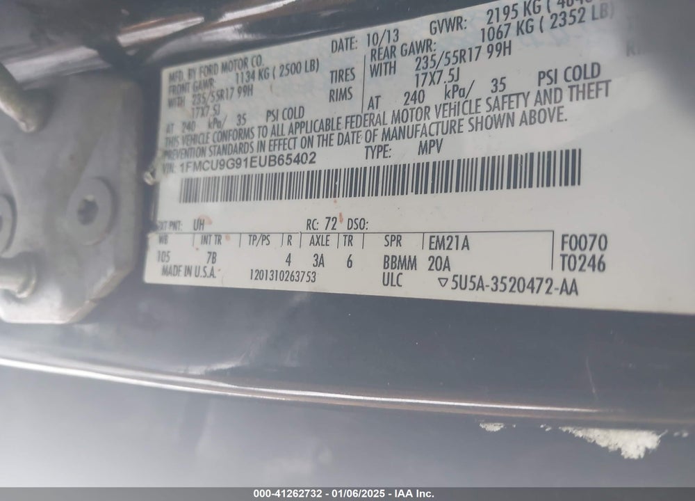 2014 FORD ESCAPE SE VIN: 1FMCU9G91EUB65402