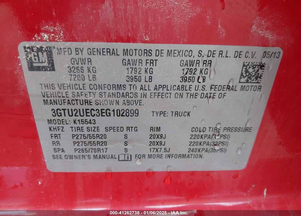 2014 GMC SIERRA 1500 VIN: 3GTU2UEC3EG102899