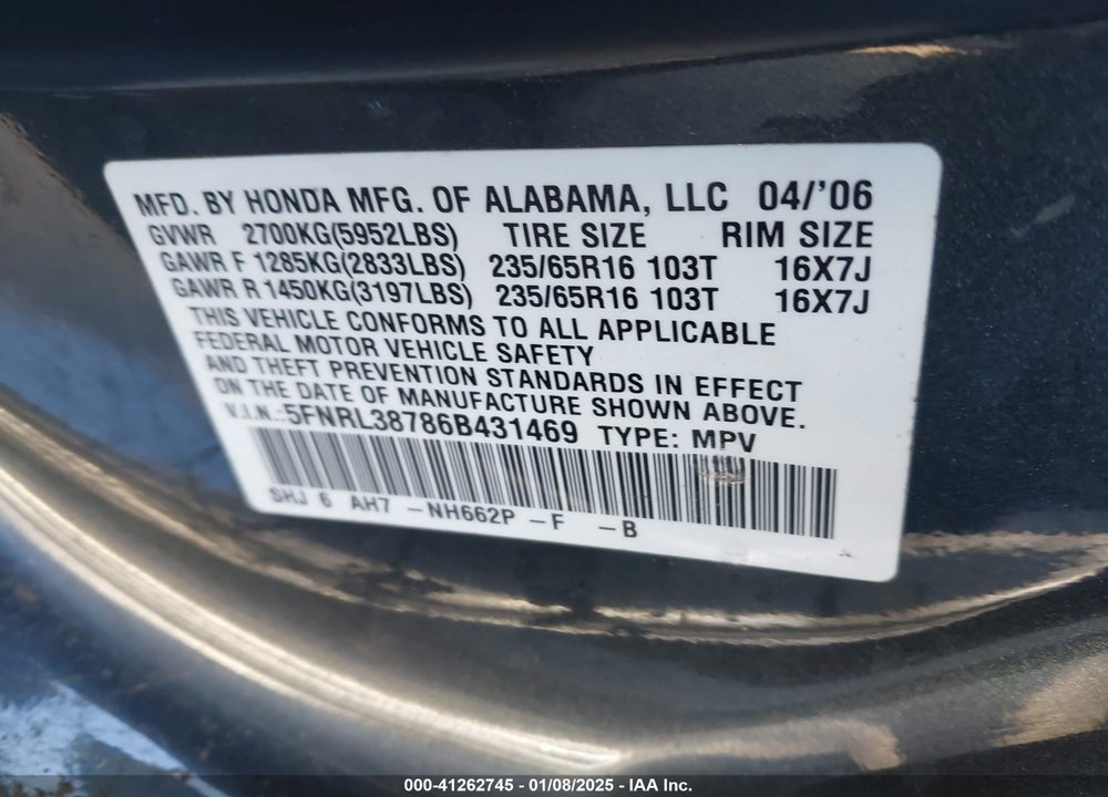 2006 HONDA ODYSSEY EX-L VIN: 5FNRL38786B431469