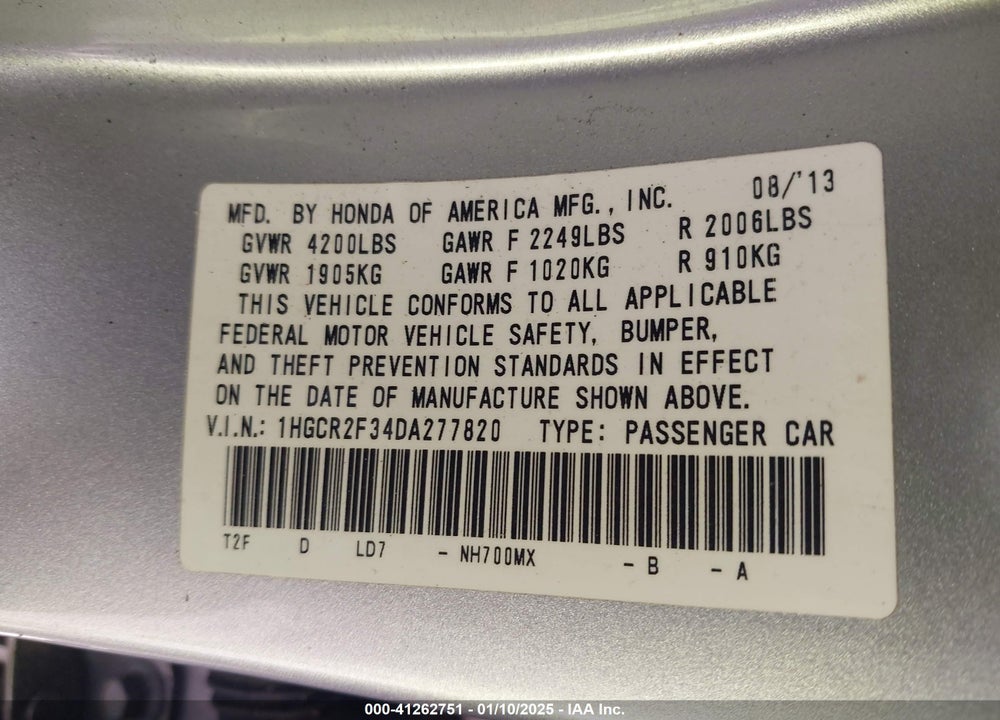2013 HONDA ACCORD VIN: 1HGCR2F34DA277820