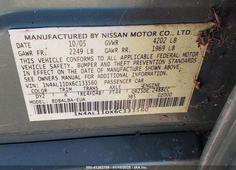 2006 NISSAN ALTIMA 2.5 S VIN: 1N4AL11DX6C133560