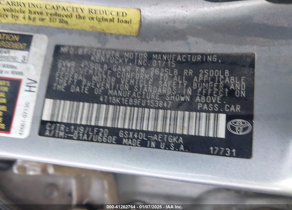 2015 TOYOTA AVALON VIN: 4T1BK1EB9FU153847
