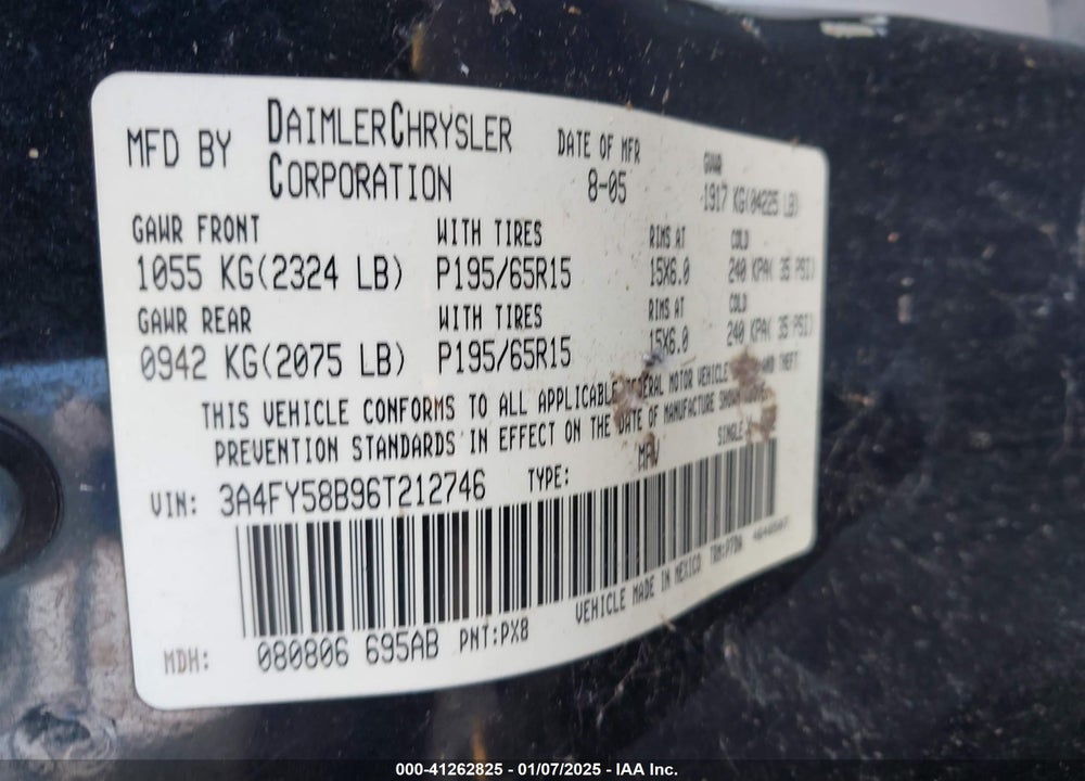 2006 CHRYSLER PT CRUISER TOURING VIN: 3A4FY58B96T212746