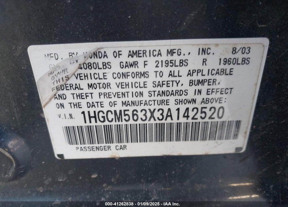 2003 HONDA ACCORD 2.4 LX VIN: 1HGCM563X3A142520