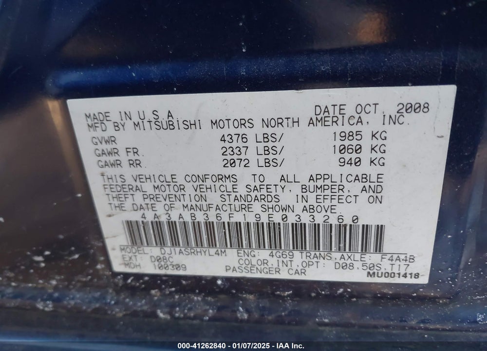 2009 MITSUBISHI GALANT ES/SPORT EDITION VIN: 4A3AB36F19E033260