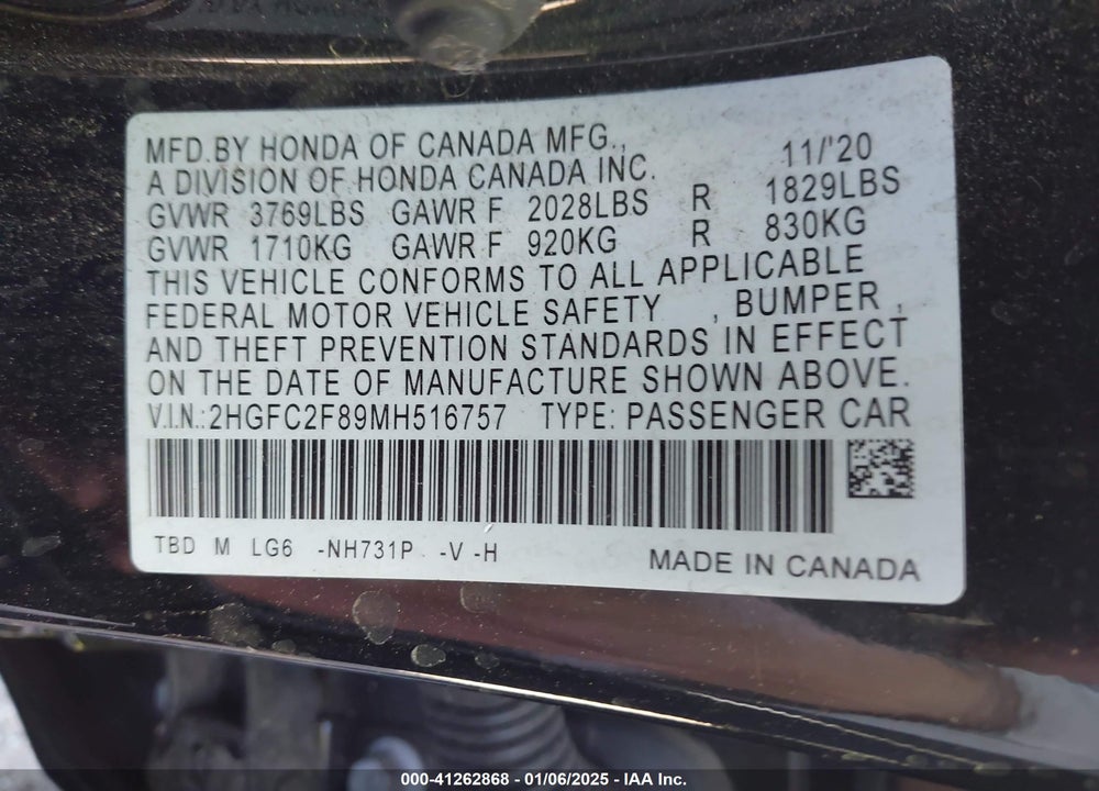 2021 HONDA CIVIC VIN: 2HGFC2F89MH516757