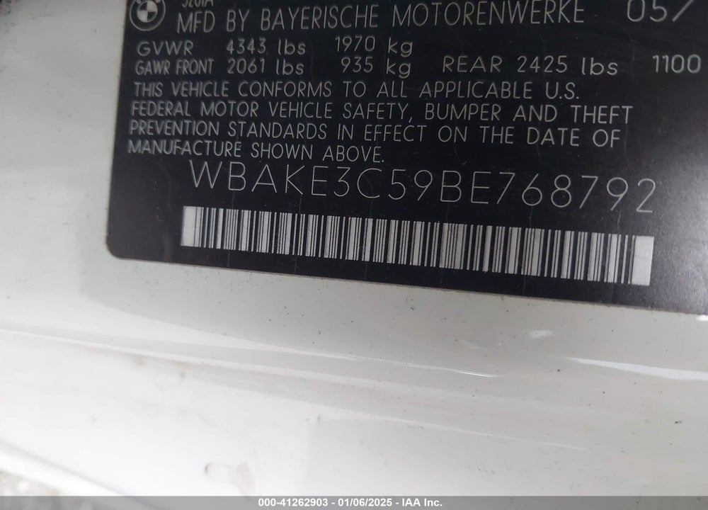 2011 BMW 328I VIN: WBAKE3C59BE768792