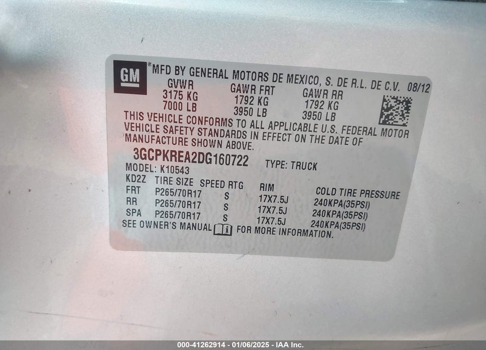 2013 CHEVROLET SILVERADO 1500 VIN: 3GCPKREA2DG160722