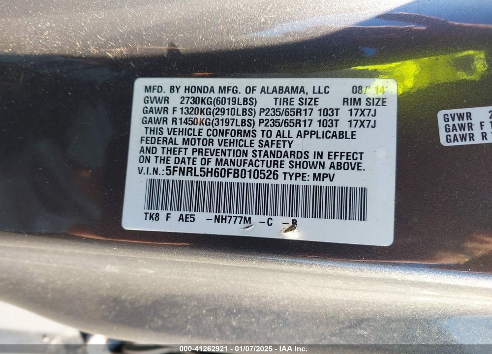 2015 HONDA ODYSSEY EX-L VIN: 5FNRL5H60FB010526