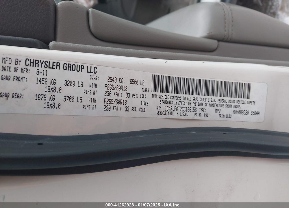 2012 JEEP GRAND CHEROKEE VIN: 1C4RJFAT7CC106156