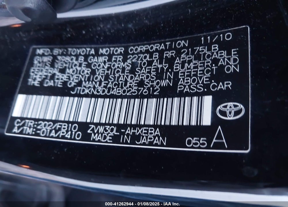 2011 TOYOTA PRIUS VIN: JTDKN3DU4B0257612