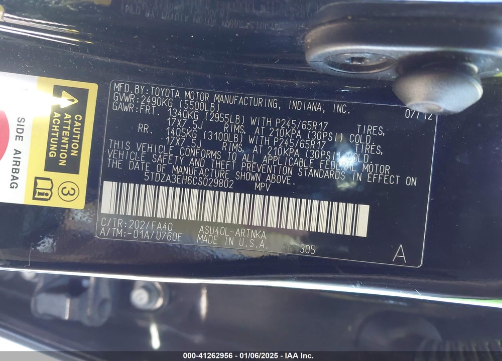 2012 TOYOTA HIGHLANDER SE VIN: 5TDZA3EH6CS029802