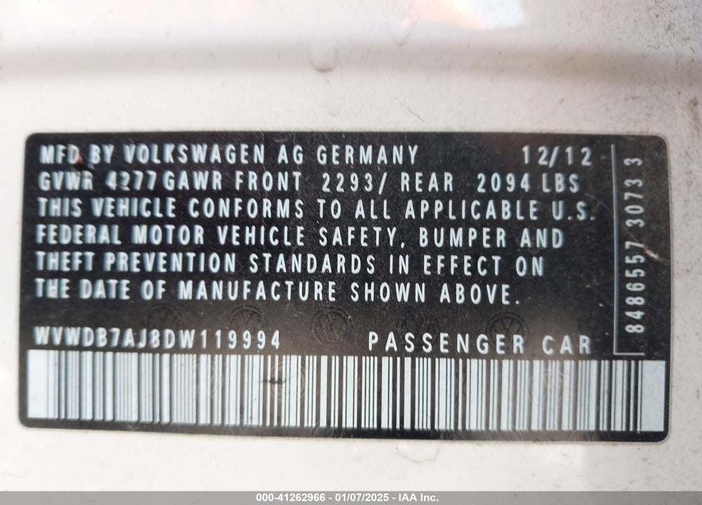2013 VOLKSWAGEN GOLF 2.5L 4-DOOR VIN: WVWDB7AJ8DW119994