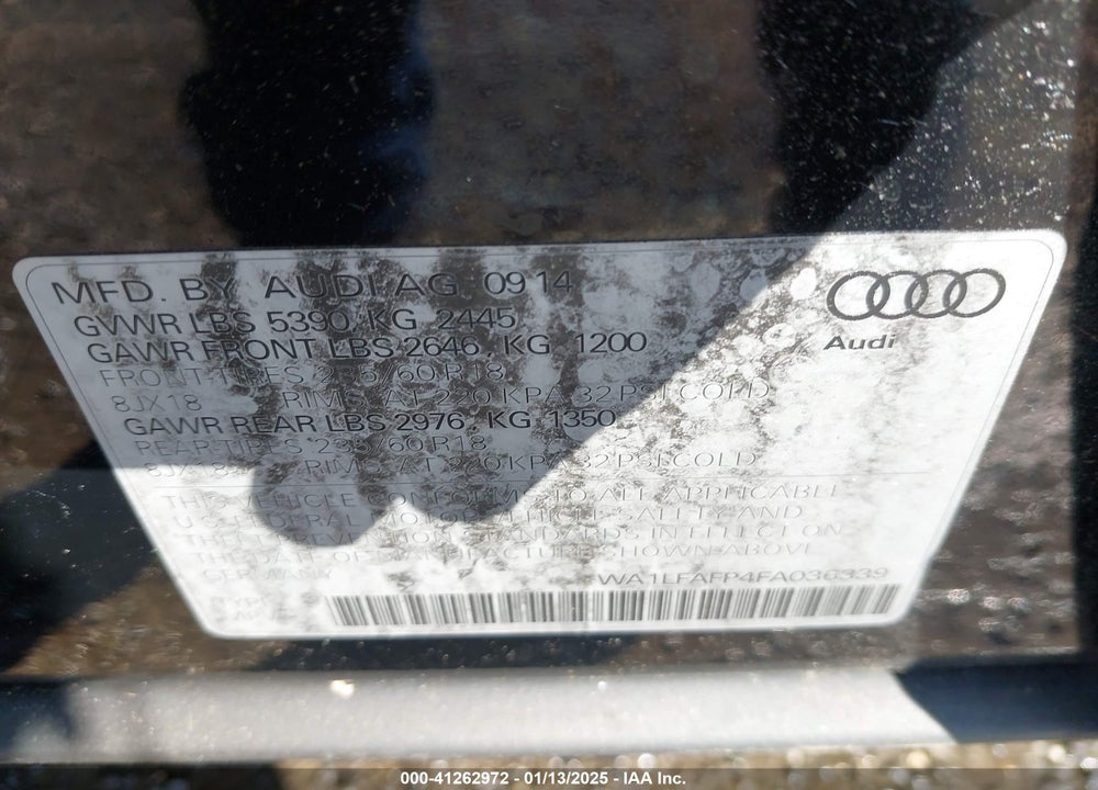 2015 AUDI Q5 2.0T PREMIUM VIN: WA1LFAFP4FA036339