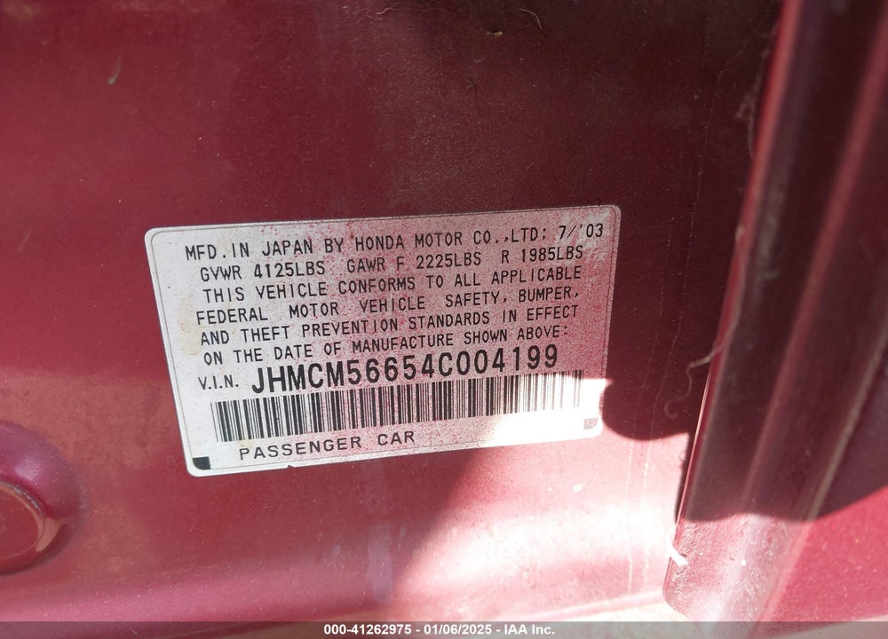 2004 HONDA ACCORD 2.4 EX VIN: JHMCM56654C004199