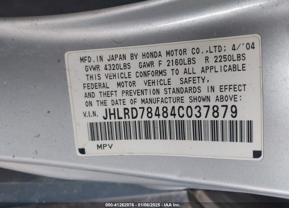 2004 HONDA CR-V LX VIN: JHLRD78484C037879
