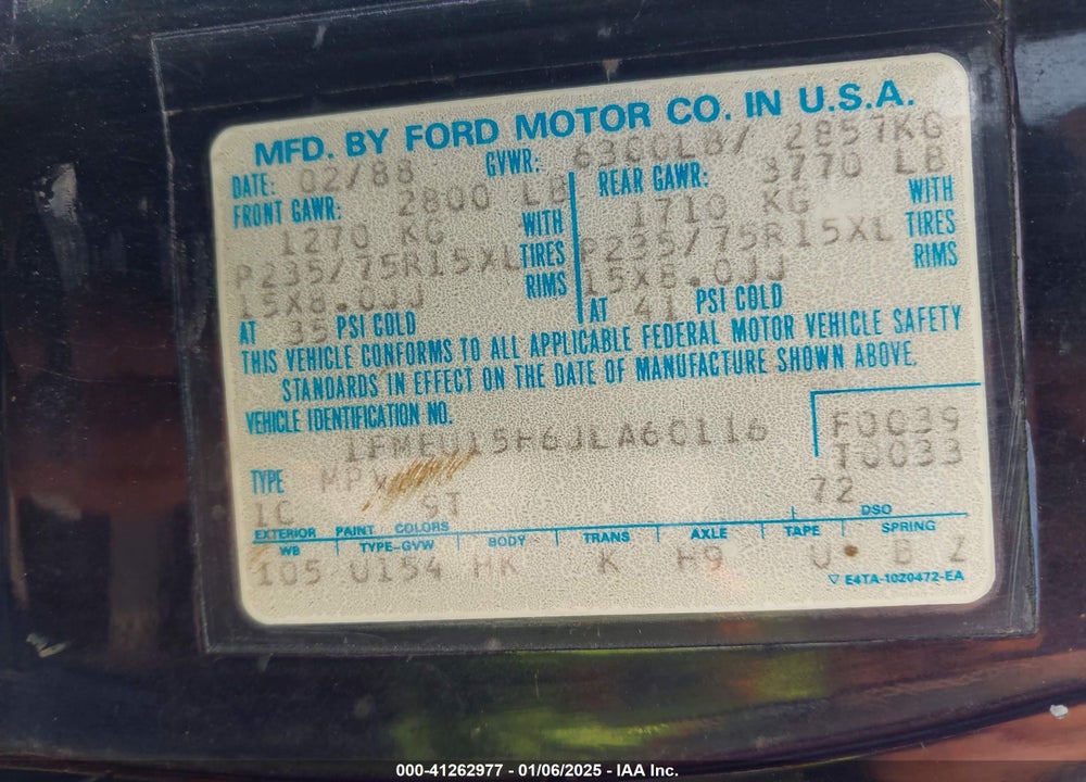 1988 FORD BRONCO U100 VIN: 1FMEU15H6JLA60116
