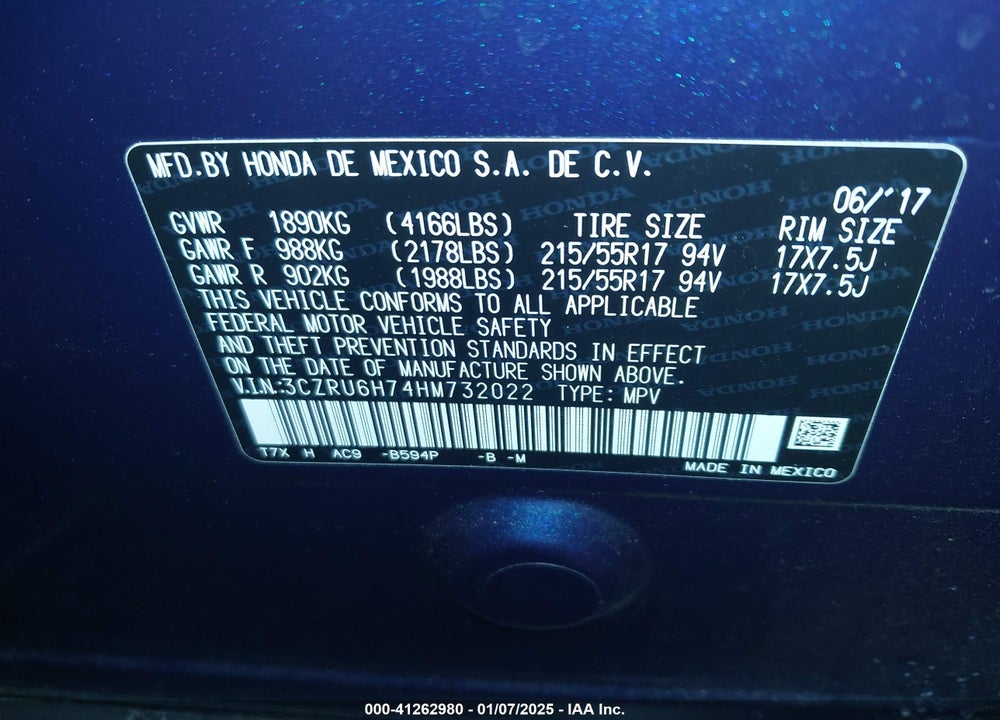 2017 HONDA HR-V EX-L VIN: 3CZRU6H74HM732022