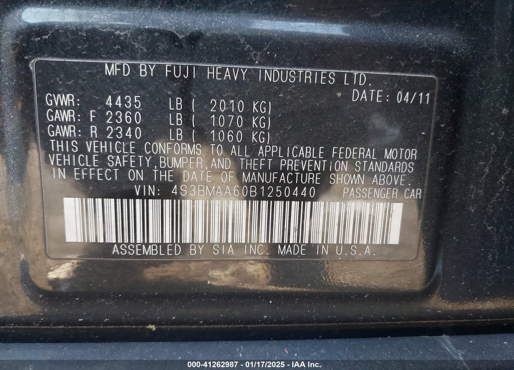 2011 SUBARU LEGACY VIN: 4S3BMAA60B1250440