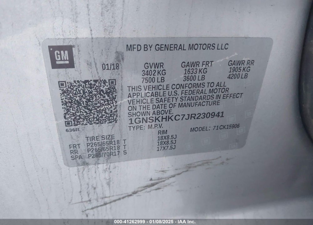 2018 CHEVROLET SUBURBAN LT VIN: 1GNSKHKC7JR230941