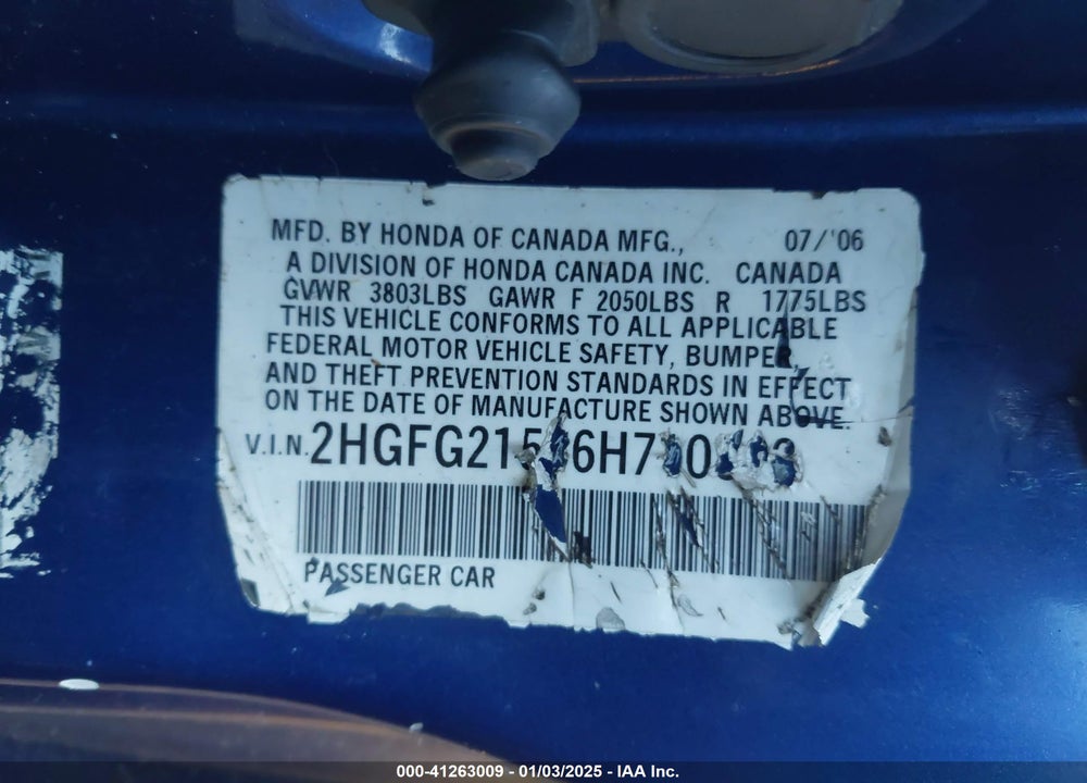 2006 HONDA CIVIC VIN: 2HGFG21526H700510