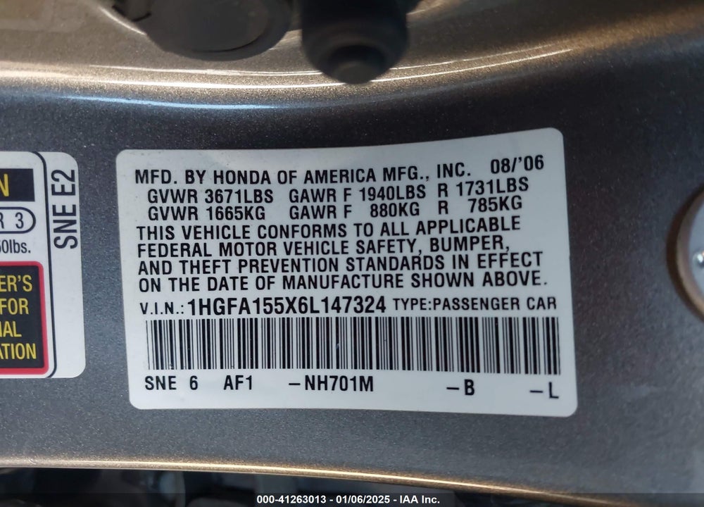 2006 HONDA CIVIC LX VIN: 1HGFA155X6L147324
